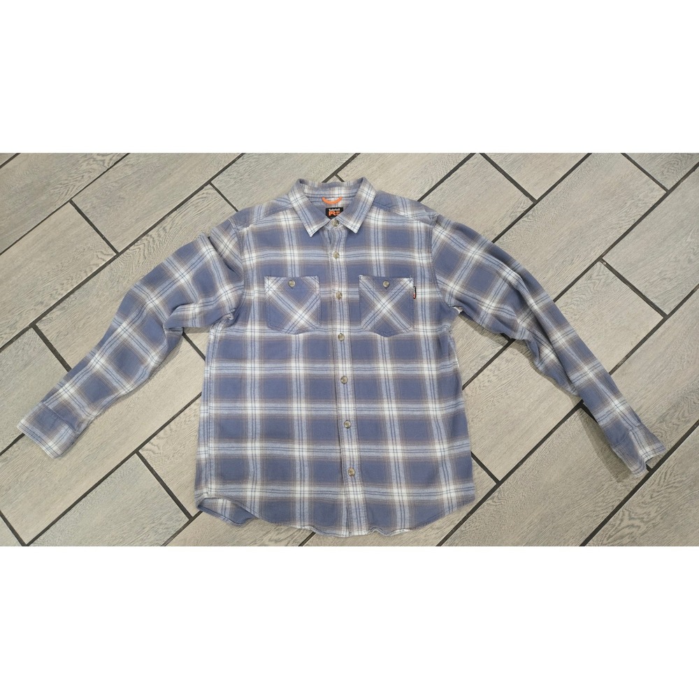 Timberland PRO Mens Modern Fit Plaid Flannel Button Down Shirt Blue Tan Large
